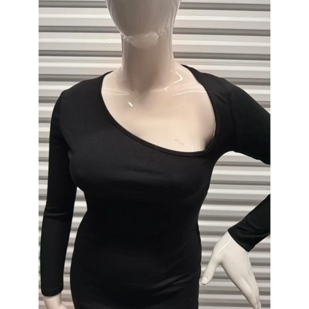 Micas‎ Asymmetrical Neck Slit Maxi Dress Black size L